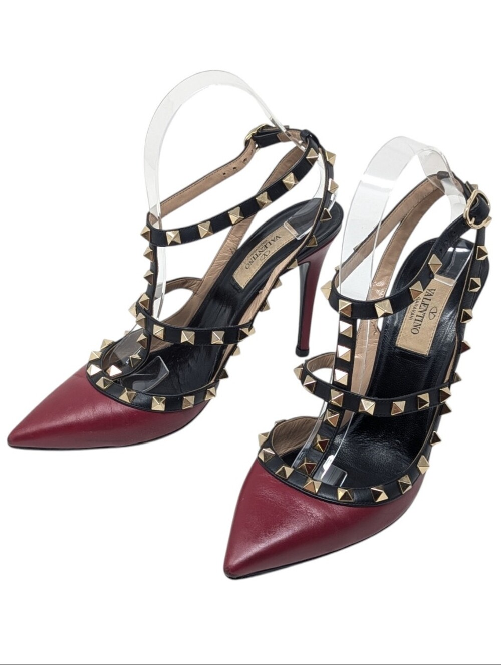 Valentino Garavani Red/Black Rockstud Caged Leather Pointed Pump Size EU 37.5
